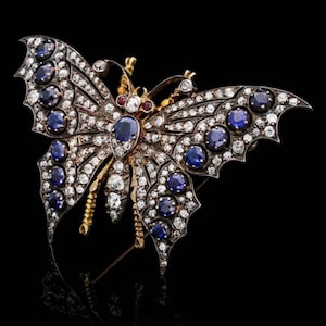 Butterfly brooch /Victorian Butterfly Rose cut Diamond and Ruby and Blue sapphire Silver Brooch,Handmade Brooch
