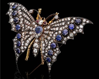Butterfly brooch /Victorian Butterfly Rose cut Diamond and Ruby and Blue sapphire Silver Brooch,Handmade Brooch
