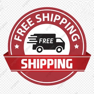 May include: Red and white circular label with the text "FREE SHIPPING" in white lettering. A black delivery truck with the word "FREE" on the side is in the center of the label. A red ribbon with the word "SHIPPING" in white lettering is below the label.