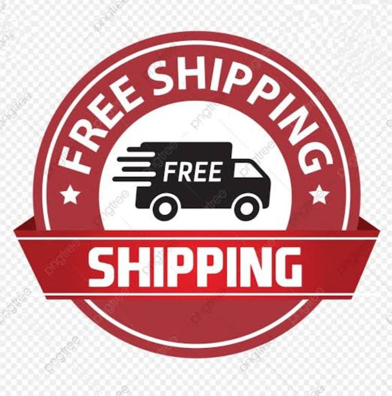 May include: Red and white circular label with the text "FREE SHIPPING" in white lettering. A black delivery truck with the word "FREE" on the side is in the center of the label. A red ribbon with the word "SHIPPING" in white lettering is below the label.