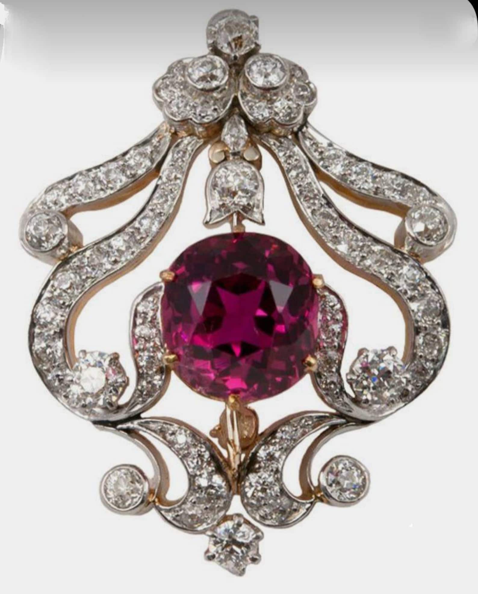 Ruby Purity Beautiful American Diamond (zircon) and Ruby Silver Brooch, Silver ...