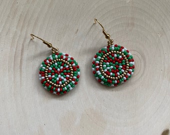 Red, Green, and White Bead Soup Beaded Earrings