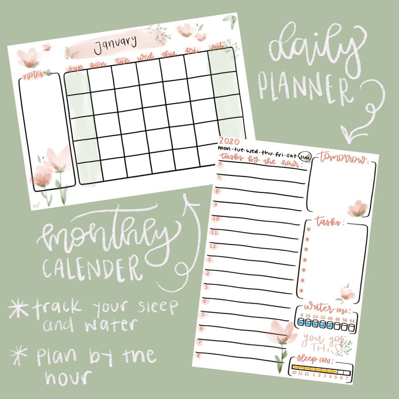 Cute Digital Download Floral Planning Pages Bundle Hand Drawn Calendar, Habit Tracker, Daily