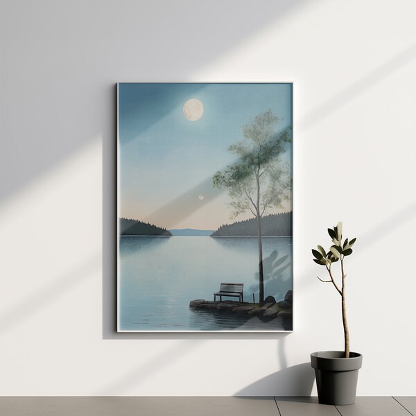 Lunar Reflections on Lake. Serene Nighttime Bench View, Moonlit Tranquility Wall Art, Peaceful Evening Lakeside, Solitary Tree and Bench Art