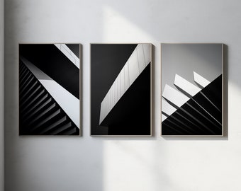 Ensemble de 3 estampes, design géométrique inspiré de Tadao Ando, art triptyque monochrome abstrait pour la déco maison moderne, architecture noir et blanc