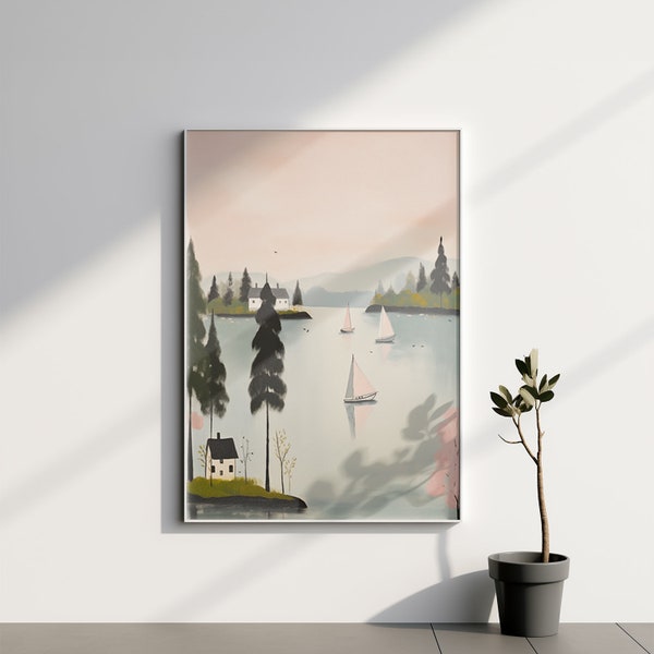 Sailboats on Peaceful Lake Print, Pastel Sunset Scenery, Tranquil Waterscape Wall Art, Calm Lake with Sailing Boats, Serene Lakehouse Art