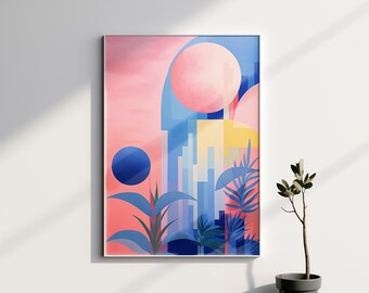 Sunset Cityscape Digital Print, Geometric Skyline Art, Pink and Blue Abstract Poster, Urban Sunset Wall Art, Instant Download Decor