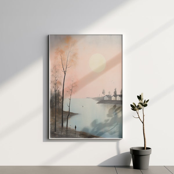 Autumn Sunset by the Lake Print, Solitary Figure and Bare Trees, Peaceful Evening Wall Art, Golden Sunset and Silhouette Scene