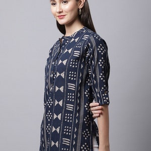 Indische Tunika Navy Blau Gedruckt Kurti Tunika für Frauen Kurze Kurtis Für Frauen Sommer Tops und T-Shirts ethnische Kleidung Bild 4