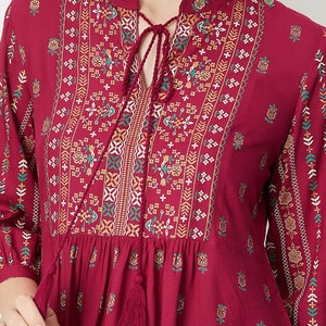 Indian Tunics For Women Burgundy Printed Empire Top Short Kurta Kurtis For Women Summer Tops Tees T-shirt Plus Size Boho Tops image 2