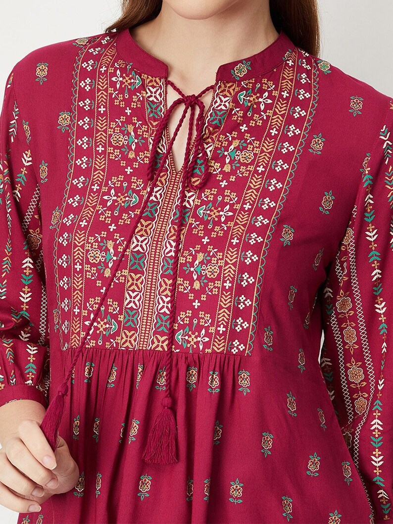 Indian Tunics For Women Burgundy Printed Empire Top Short Kurta Kurtis For Women Summer Tops Tees T-shirt Plus Size Boho Tops image 2