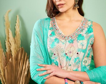 Ensemble kurta sans manches - Pantalon kurta en pur coton à fleurs et broderies - Ensemble kurta en soie pour tenues de soirée - Robe de mariée indienne