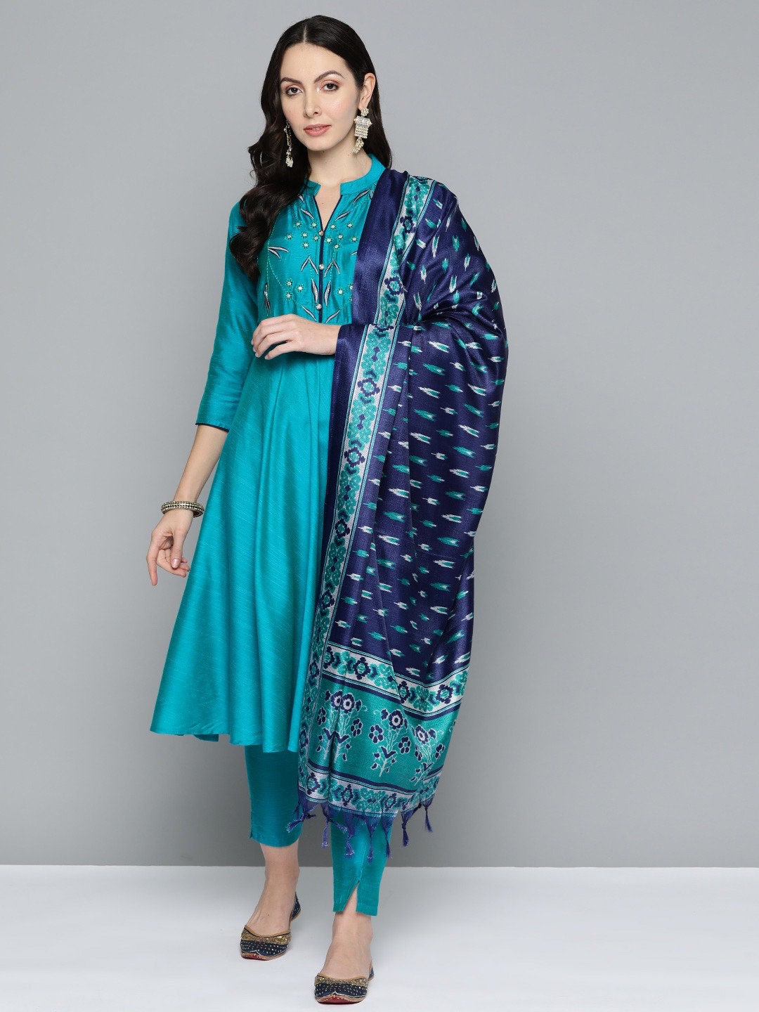 Girls Turquoise Blue Embroidered Kurta Set main image 1