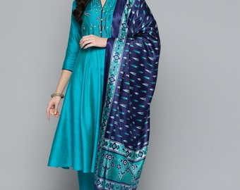 Silk Kurta Set - Turquoise Blue Embroidered Kurta with Trousers & Dupatta  - Indian Ethnic Wear - Dresses For Women - Pakistani Party Wear