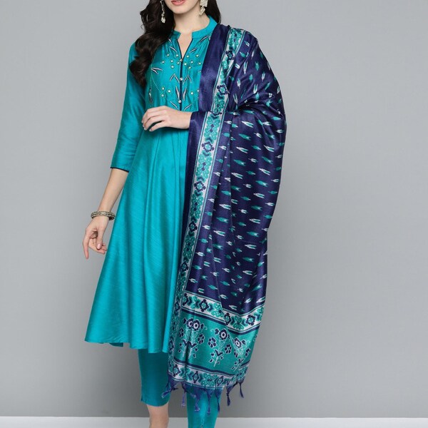 Silk Kurta Set - Turquoise Blue Embroidered Kurta with Trousers & Dupatta  - Indian Ethnic Wear - Dresses For Women - Pakistani Party Wear