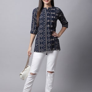 Indische Tunika Navy Blau Gedruckt Kurti Tunika für Frauen Kurze Kurtis Für Frauen Sommer Tops und T-Shirts ethnische Kleidung Bild 7