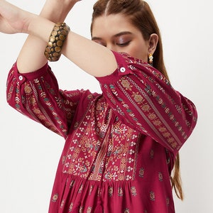 Indian Tunics For Women Burgundy Printed Empire Top Short Kurta Kurtis For Women Summer Tops Tees T-shirt Plus Size Boho Tops image 5