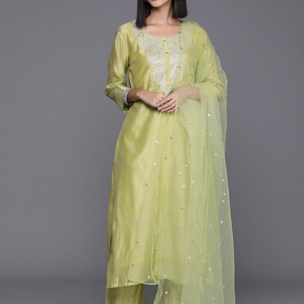 Silk Kurta Sets Women - Green Embroidered Kurta Trousers & Dupatta - Dresses For Women - Party Wear - 3 Piece Set Salwar Kameez