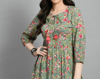 Kurtis voor dames - groene A-lijn bedrukte tuniektops - korte Kurta-jurk - Indiase etnische tops - zomer casual blouses tops - boho hippie tops