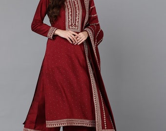 Plus Size Kurta Set für Frauen - Maroon Kurta Set mit Palazzo & Dupatta - Indisches Kleid - Salwar Kameez - XXXL 3XL 4XL