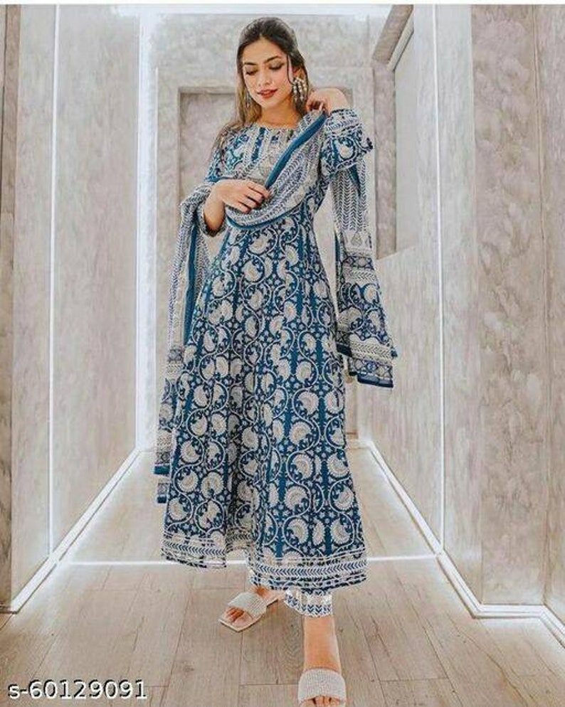 Pakistani Kurta Set - Premium store Cotton Block Print Anarkali Pant & Dupatta - Indian Dress Salwar Suit Kameez Gift For Her Hippie Boho Dress