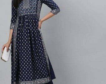 Belles Femmes Bleu Marine Empire Kurti avec Pantalon - Kurta Set Pour Femmes - Robe Indienne - Taille Plus XXL