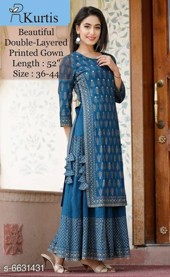 Kurti Blue Yoke Design Straight Kurta Indian Dress Etsy