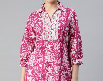 Kurti corto para mujer - Top de túnica con estampado floral fuchisa y blanco - Kurtis para mujer - Tops de verano Camisetas Blusas - Top de túnica india Boho Tops