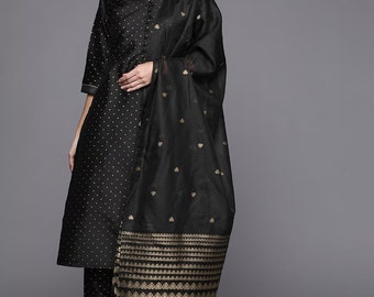 Women Black Silk Kurta with Pant Palazzos & With Dupatta 3 piece Indian Ethnic Wear Dresses Readymade Size upto 2XL