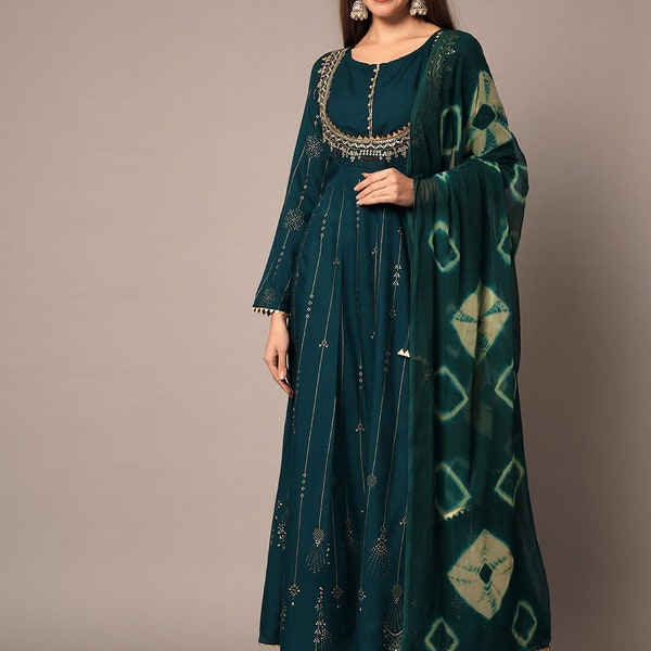 Kurta Set For Women - Bottle Green Embroidered Anarkali Kurta With Dupatta - Indian Dress - Salwar Kameez - Plus Size XXL XXXL 3XL