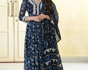 Plus Size Kurta Set For Women - Pure Cotton Navy Blue Kurta Set With Pant & Dupatta - Indian Dress - Salwar Kameez - XXXL 3XL 4XL 5XL 6XL