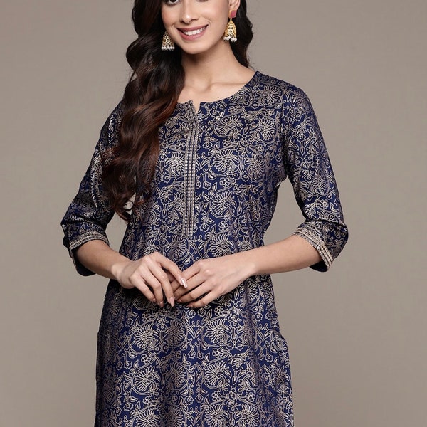 Kurtis for women Indian Tunic Short Kurta Dress Navy Blue Printed Kurti Indian Dress Top & Tees Printed Kurti Summer Wear Top For Women