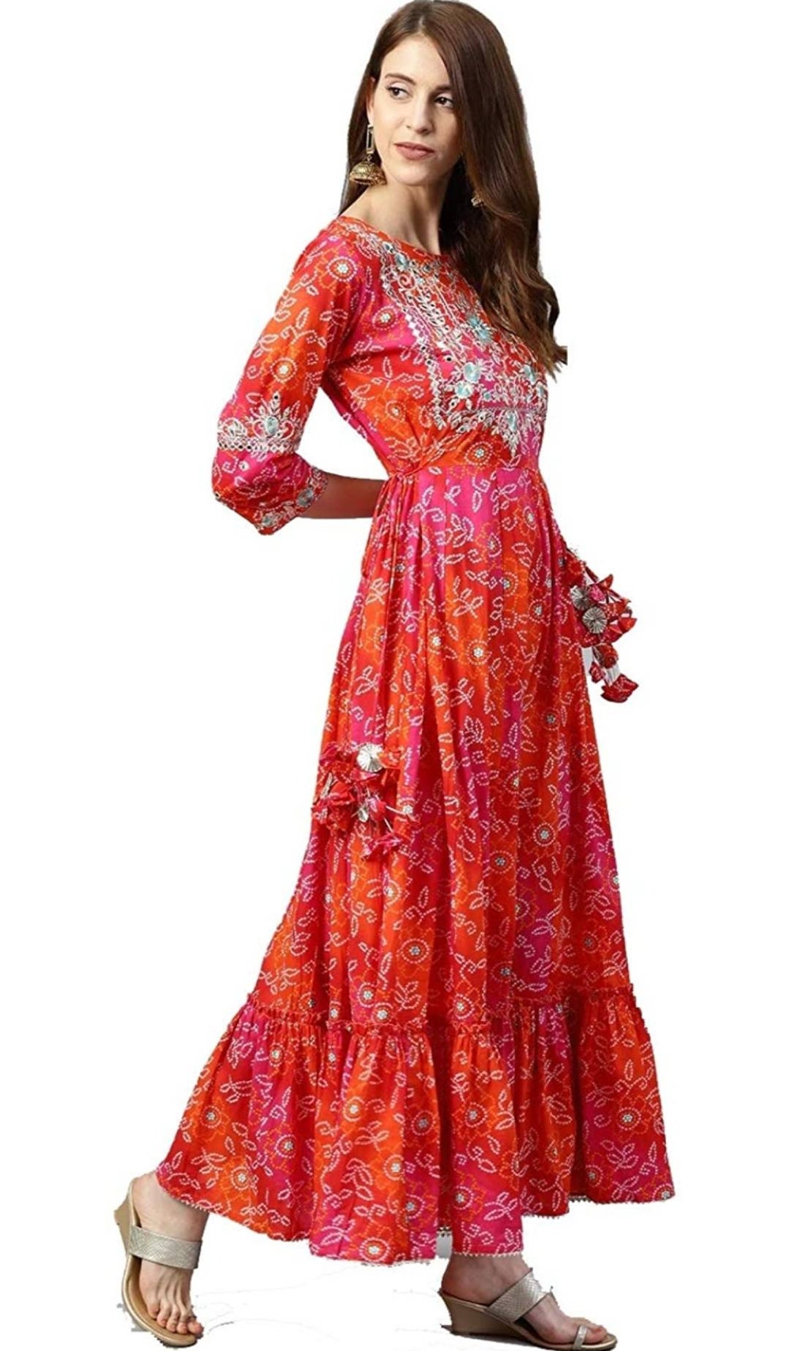 Orange Printed Half Sleeve Cotton Floor Length Anarkali Kurta main image 1