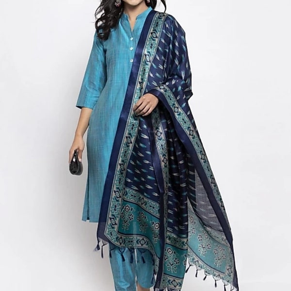 Silk Kurta Set - Turquoise Blue Solid Kurta with Trousers & Dupatta  - Indian Ethnic Wear - Dresses For Women - Party Wear - Kurti Dress