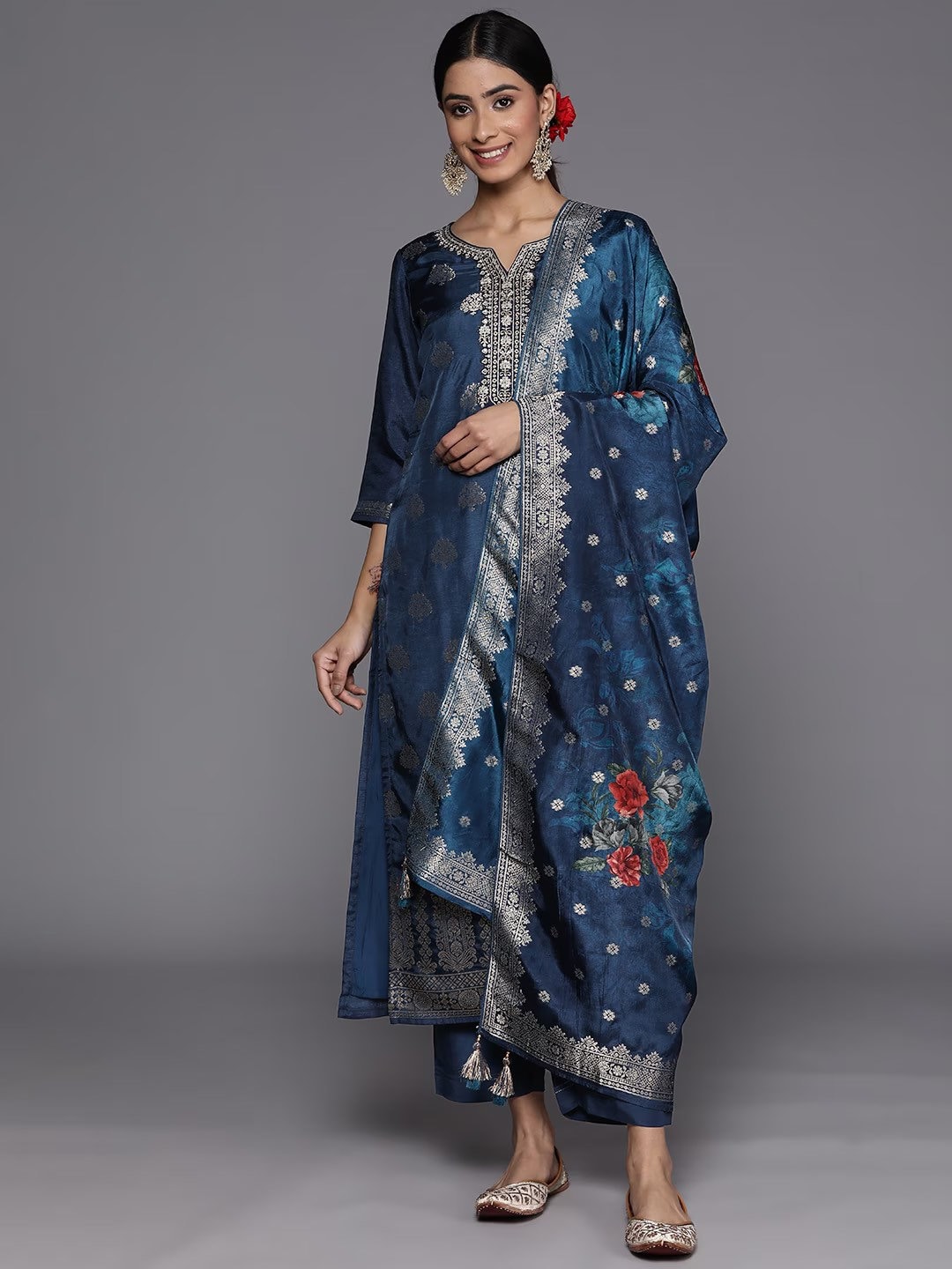 Teal Silk V Neck Kurta Set