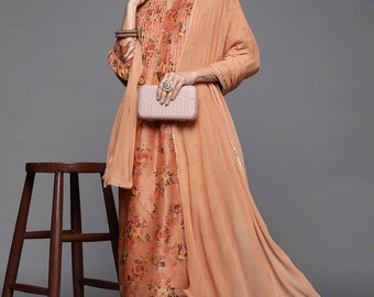 Silk Kurta Set - Peach Floral Printed Sequinned Chanderi Silk Kurta Set - Indian Ethnic Wear - Dresses For Women - Party Wear - Kurti Dress