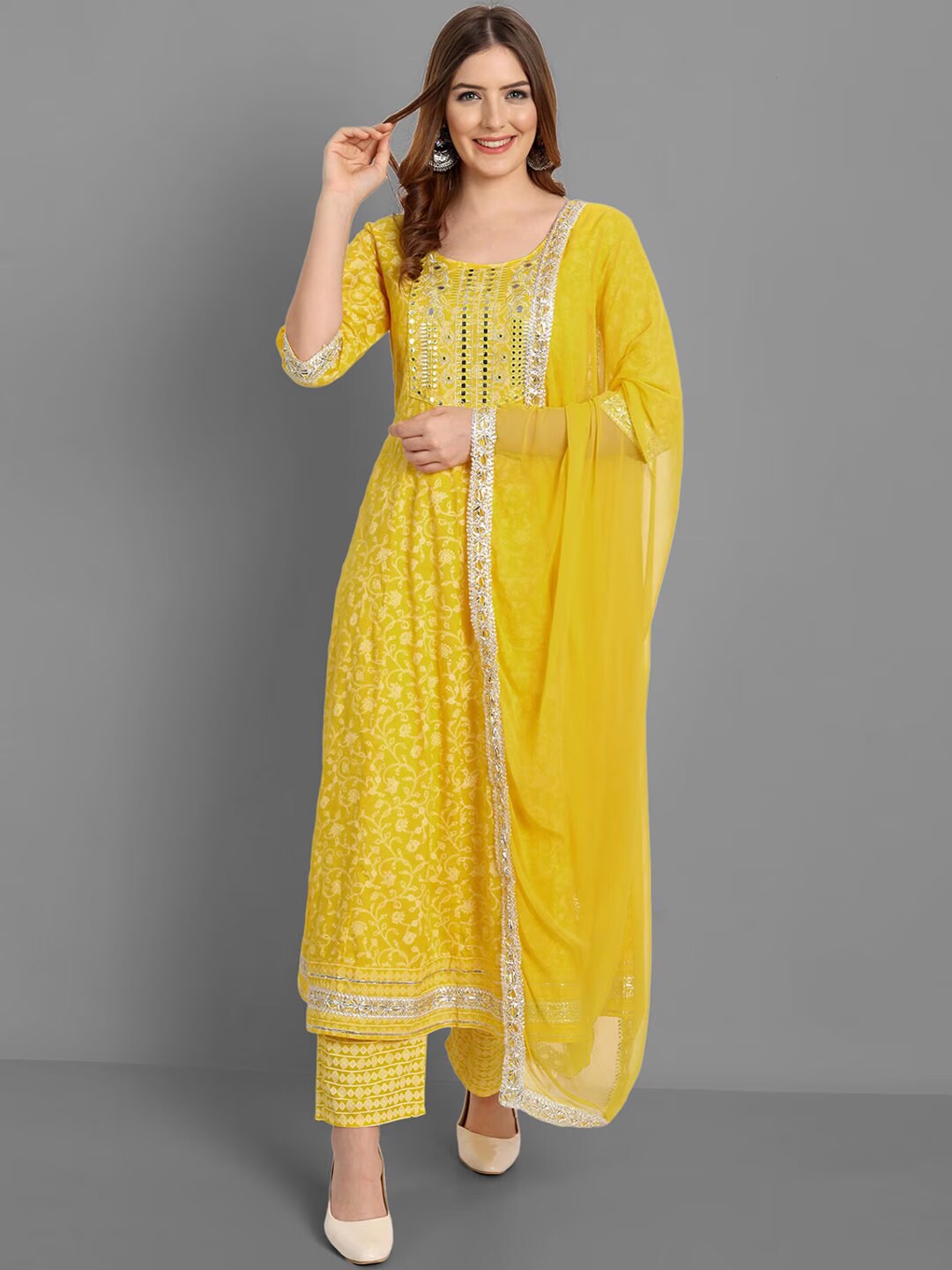Plus Size Yellow & Grey Kurta Set
