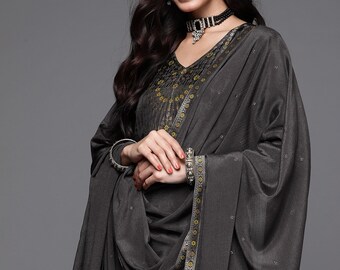 Seide Kurta Sets Frauen - Anthrazit Kurta mit Hose Dupatta - Kleider Für Frauen - Party Wear - 3 Stück Set Pakistanische Salwar Kameez