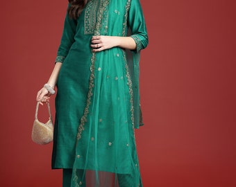 Ensembles kurta en soie pour femmes - Pantalon kurta brodé vert avec dupatta - Robes pour femmes - Tenues de soirée - Ensemble 3 pièces Salwar Kameez pakistanais