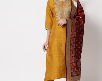 Seiden-Kurta-Set – senfgelb bestickter gerader Kurta mit Hose und Dupatta – indische ethnische Kleidung – Kleider für Frauen – Partykleidung