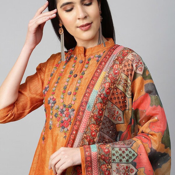 Silk Kurta Set For Women - Brown Floral Printed Thread Work Silk Kurta Pant Dupatta - Indian Dress - Salwar Kameez - Plus Size XXXL 5XL 6XL