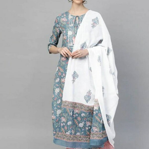 Indian Summer Dress - Blue Printed Kurta With Palazzo & Dupatta - Kurti With Pant Set - Salwar Kameez - Cotton Salwar Suit - Plus Size XXL