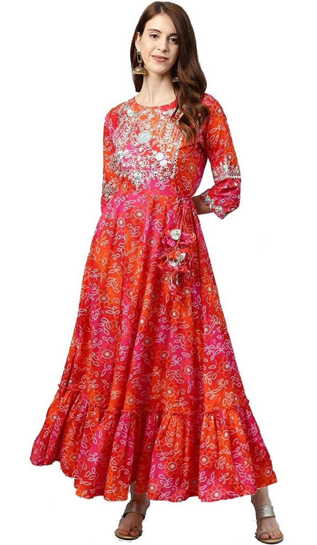 Women Red Printed Half Sleeve Cotton Anarkali Kurta main image 0