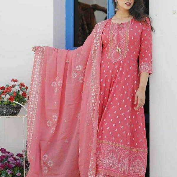 Plus Size Kurta Set For Women - Pink Kurta Set With Palazzo & Dupatta - Indian Dress - Salwar Kameez - XXXL 3XL 4XL 5XL 6XL 7XL