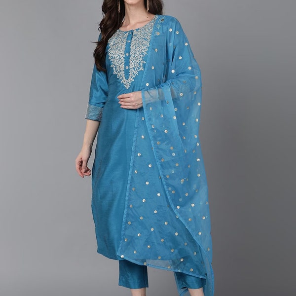 Party Wear Kurta Set - Blue Floral Yoke Design Sequinned Kurta with Trousers & Dupatta - Salwar Kameez - Silk Kurta Set - Pakistani Suit