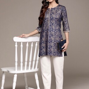 Kurtis für Damen, indische Tunika, kurzes Kurta-Kleid, Marineblau, bedrucktes Kurti-Indianerkleid, Oberteil und T-Shirts, bedrucktes Kurti-Sommeroberteil für Damen Bild 5