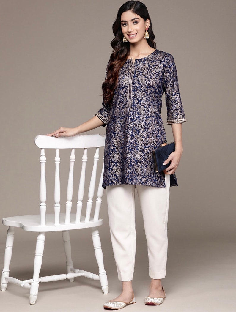 Kurtis für Damen, indische Tunika, kurzes Kurta-Kleid, Marineblau, bedrucktes Kurti-Indianerkleid, Oberteil und T-Shirts, bedrucktes Kurti-Sommeroberteil für Damen Bild 5