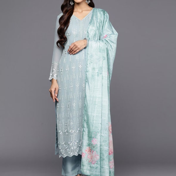 Plus Size Kurta Set For Women - Sky Blue Kurta Set With Palazzo & Dupatta - Indian Dress - Salwar Kameez - XXXL 3XL 4XL 5XL 6XL