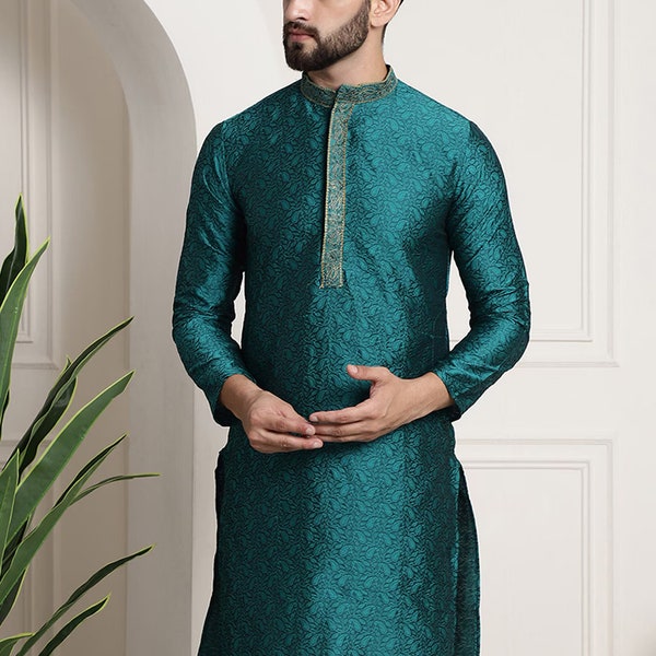 Teal Green Embroidered Kurta Set For Man Kurta Bollywood Style Kurta Men Party Wear Kurta Pajama Soft Silk Kurta Kurta Floral Design Festive