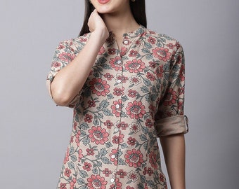 Indische Tunikas für Frauen - Braun Blumen Bedruckt Kurze Kurti - Tunika Kurze Kurtis Für Frauen Sommer Tops Übergröße Tunika XXL 3XL 4XL